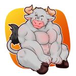  1:1 anthro asterion_(minotaur_hotel) bovid bovine cattle chibi covering covering_crotch european_mythology fur greek_mythology hooves kosukerw male mammal minotaur minotaur_hotel muscular muscular_male mythology nude sitting smile solo white_body white_fur 