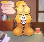  &lt;3 animal_crossing anthro bell big_breasts blush blush_stickers breast_rest breasts canid canine canis desk dialogue digital_media_(artwork) domestic_dog english_text eyes_closed female furniture glass header header_box hi_res isabelle_(animal_crossing) mammal nintendo number shaded shih_tzu solo text text_header toy_dog vestalover69 video_games 