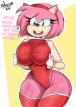  accessory amy_rose anthro artist_name bare_shoulders big_breasts bmayyneart breast_expansion breasts cleavage clothed clothing dialogue english_text eulipotyphlan expansion eyelashes female gloves green_eyes hair hair_accessory hairband handwear hedgehog hi_res huge_breasts mammal pink_hair sega solo sonic_the_hedgehog_(series) text thick_thighs white_clothing white_gloves white_handwear wide_hips 