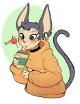  2017 amunet anthro apple_(fruit) blue_eyes blush bodily_fluids clawed_fingers clothed clothing collar container cup digital_media_(artwork) disposable_cup domestic_cat english_text felid feline felis female fully_clothed hairless hairless_cat hood hoodie mammal multicolored_body open_mouth simple_background solo sphynx_(cat) steam sweat sweatdrop text tizzle_bizzle topwear two_tone_body 