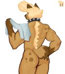  absurd_res anthro biped blonde_hair bodily_fluids butt collar denise_dippens_(character) goonie-san hair hi_res hyaenid male mammal muscular muscular_male nude pompadour solo spiked_collar spikes spots sweat towel 