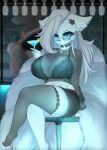  absurd_res anthro big_breasts blue_body blue_fur bottomwear breasts canid canine cleavage clothed clothing crossed_legs eyewear female fur glasses hi_res lefantis legwear mammal multi_tail sitting skirt thigh_highs 