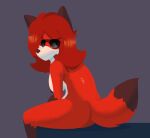  absurd_res angry annoyed anthro canid canine canis dipstick_tail donya eyewear female fox fur hair hi_res looking_back mammal markings multicolored_body multicolored_fur nipples nude rear_view red_body red_fur red_hair simple_background sitting solo sunglasses tail_markings 