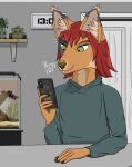  absurd_res anthro aquarium canid canine clothing female fluffy_ears fox fur green_eyes grey_body grey_fur hair hi_res hoodie mammal orange_body orange_fur phone red_hair repgg shelf short_hair solo topwear vivarium 