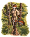  0laffson 2021 4_toes 5_fingers anthro blue_eyes brown_body brown_fur canid canine day detailed_background feet fingers forest fox fur grass hi_res male mammal outside plant solo toes traditional_media_(artwork) tree weapon white_body white_fur 