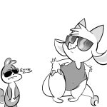  1:1 anonymous_artist anthro chikn_nuggit clothing dragon duo duo_focus eyewear female fwench_fwy_(chikn_nuggit) group hawt_saus_(chikn_nuggit) horn male male/female mammal monochrome rodent simple_background sunglasses swimwear text 