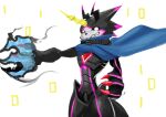  absurd_res anthro bandai_namco black_body carina2cl claws digimon digimon_ghost_game dragon elemental_manipulation fire fire_manipulation grusgammamon hi_res horn male scarf solo white_eyes 