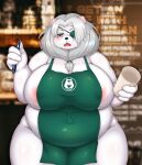  2021 4_fingers anthro apron apron_only areola areola_slip belly big_breasts black_nose blush breasts claws clothing container cup cute_fangs english_text eye_patch eyewear female finger_claws fingers fur green_apron hair hi_res holding_object huge_breasts i_mean_breast_milk kemono mammal meme mostly_nude one_eye_obstructed open_mouth overweight overweight_female pen polar_bear portrait shibaemonxsk silver_hair solo text three-quarter_portrait tongue ursid ursine white_body white_fur 