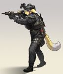  2021 absurd_res anthro ar-15 armor assault_rifle bandai_namco boots bulletproof_vest clothing digimon digimon_(species) digital_media_(artwork) dipstick_ears dipstick_tail footwear fur gloves gun handwear headgear helmet hi_res male markings multicolored_ears open_mouth pgm300 ranged_weapon renamon rifle shaded solo tactical tail_markings weapon white_body white_fur yellow_body yellow_fur 