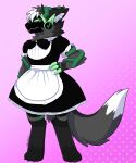  2021 absurd_res angry anthro blush blush_lines clothing frackhead green_blush head_tuft hi_res kinktober legwear lingerie machine maid_apron maid_uniform male protogen protogen_visor solo thigh_highs tuft uniform 