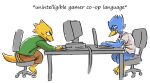  alphys anthro avian bad_posture barefoot beak berdly bird blue_body blue_feathers blue_jay bodily_fluids bottomless bottomwear breasts buckteeth chair clothed clothing coalbones computer corvid crt deltarune duo english_text eyewear feathers feet female fully_clothed furniture gaming glasses humor jacket jay_(bird) keyboard laptop leaning leaning_forward lizard monitor narrowed_eyes new_world_jay non-mammal_breasts office_chair open_mouth open_smile oscine pants passerine reptile scales scalie shirt side_view simple_background sitting smile sweat table talons teeth text thick_tail topwear undertale_(series) video_games winged_arms wings yellow_body yellow_scales 
