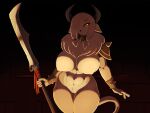  4:3 anthro big_breasts bovid bovine breasts chest_tuft european_mythology female genitals greek_mythology hair hair_over_eye hi_res holding_melee_weapon mammal matypup minotaur mythology nude one_eye_obstructed pussy solo tuft weapon 