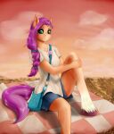  2021 anthro clothed clothing earth_pony equid equine female hasbro horse looking_at_viewer mammal mlp_g5 my_little_pony outside picnic pony shamziwhite shirt sitting sky solo sunny_starscout_(mlp) topwear 