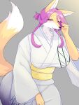  2021 3:4 4_fingers anthro asian_clothing black_nose blush breasts canid canine clothed clothing cute_fangs dipstick_tail east_asian_clothing female fingers fox fur hair half-closed_eyes hi_res japanese_clothing kemono kimono looking_at_viewer mammal markings multicolored_body multicolored_fur narrowed_eyes open_mouth pink_eyes pink_hair solo tail_markings takeshi_kemo two_tone_body two_tone_fur white_body white_fur yellow_body yellow_fur 