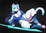  anthro areola big_breasts black_pawpads blue_hair breasts camel_toe cleavage clothed clothing felid feline female fur genitals hair hi_res mammal matypup melee_weapon pawpads pussy solo sword weapon white_body white_fur 