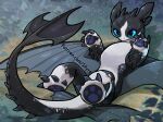  black_body black_scales blitzdrachin blue_eyes conditional_dnp dragon dreamworks feral fin forest horn how_to_train_your_dragon lying night_fury on_back paws plant scales scalie tree western_dragon white_body white_scales wings 