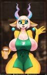  2021 5_fingers antelope anthro apron apron_only areola beverage big_breasts blonde_hair blue_eyes blue_eyeshadow bovid breasts clothing container cup digital_media_(artwork) don_ko ear_piercing eyelashes eyeshadow female fingers gazelle green_apron hair hi_res holding_cup holding_object horn huge_breasts i_mean_breast_milk looking_at_viewer makeup mammal meme mostly_nude nipples open_mouth open_smile pear_(don_ko) piercing short_hair smile solo text thick_thighs url wide_hips 