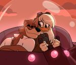  2021 anatid anseriform anthro avian bird canid canine canis clothed clothing della_duck disney don_karnage duck ducktales ducktales_(2017) duo eyes_closed eyewear eyewear_on_head female goggles goggles_on_head hair head_on_shoulder male male/female mammal red_wolf romantic smile talespin unknown_artist wolf 