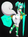  anthro blush butt clothed clothing energy_weapon female fur green_hair hair hi_res mammal matypup raised_tail rodent sciurid skimpy solo thong tree_squirrel underwear white_body white_fur 