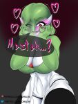  &lt;3 &lt;3_eyes 2021 3:4 absurd_res big_breasts blush breasts cleavage clothed clothing dialogue excited eye_through_hair fangs female gardevoir green_hair grey_background hair hair_over_eye hand_on_face heart_font hi_res humanoid legwear navel neo_mecha nintendo not_furry one_eye_obstructed open_mouth panty_peek pok&eacute;mon pok&eacute;mon_(species) red_eyes shaking signature simple_background solo text thick_thighs thigh_highs translucent translucent_hair trembling video_games 