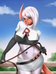  absol anthro anthrofied bottomwear breasts clothing cosplay female hi_res midriff navel navel_piercing nintendo piercing pok&eacute;mon pok&eacute;mon_(species) pok&eacute;morph rose_duskclaw shiny_pok&eacute;mon skirt solo team_rocket tipsycanvas video_games whip 