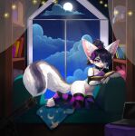  absurd_res adra anthro belly big_ears black_hair book bottomless bottomless_female canid canine clothed clothing computer crop_top digital_media_(artwork) eyewear female fennec fox fur glasses hair headphones hi_res legwear mammal night paws pink_belly plushie ponytail purple_eyes reading shaded shirt sitting solo talilly telescope thigh_highs topwear white_body white_fur wide_hips 