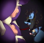  anthro anus big_anus black_sclera butt claws erection excited fangs fur genitals group hand_on_penis hi_res leash looking_at_anus lucario male masturbation motion_lines nintendo open_mouth open_smile penile penile_masturbation penis pink_anus pink_penis pink_tongue pok&eacute;mon pok&eacute;mon_(species) puffy_anus purple_body purple_eyes purple_fur rime_the_vixen simple_background simple_eyes size_difference skuntank smile stink_lines submissive submissive_anthro submissive_male tongue tongue_out video_games white_claws 