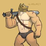  1:1 2021 anthro armor big_muscles bulge canid canine clothing english_text headgear helmet holding_object holding_sword holding_weapon jrjresq male mammal melee_weapon muscular muscular_anthro muscular_male navel number pecs scar shoulder_pads simple_background solo speedo standing straps swimwear sword text unconvincing_armor warrior weapon yellow_background 
