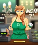  2021 69_(number) accessory anthro apron apron_only bedroom_eyes big_breasts blue_eyes blurred_background breasts brown_hair cash_register chest_tuft clothing container cream_heart_(mlp) cup dialogue earth_pony english_text equid equine eyebrow_through_hair eyebrows eyelashes fan_character female food fur green_apron hair hair_accessory hair_tie hasbro hi_res holding_object horse i_mean_breast_milk inner_ear_fluff long_hair looking_at_viewer mammal mature_female meme morestar mostly_nude muffin my_little_pony narrowed_eyes pen pony seductive solo tan_body tan_fur text translucent translucent_hair tuft 
