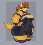  absurd_res anthro baguette_(artist) balls black_clothing black_dress blush bowser clothing dress genitals girly hand_on_hip hi_res horn koopa lips looking_at_viewer male mario_bros nintendo orange_body penis penis_under_clothes purple_lips scalie solo thick_lips video_games yellow_body 