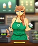  2021 69_(number) accessory anthro apron apron_only bedroom_eyes big_breasts blue_eyes blurred_background breasts brown_hair cash_register chest_tuft clothing container cream_heart_(mlp) cup earth_pony equid equine eyebrow_through_hair eyebrows eyelashes fan_character female food fur green_apron hair hair_accessory hair_tie hasbro hi_res holding_object horse i_mean_breast_milk inner_ear_fluff long_hair looking_at_viewer mammal mature_female meme morestar mostly_nude muffin my_little_pony narrowed_eyes pen pony seductive solo tan_body tan_fur translucent translucent_hair tuft 