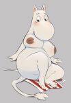  4_fingers 4_toes anthro apron blush breasts butt clothing discarded_clothing feet female fingers grey_background hi_res honeymono inverted_nipples leaning leaning_back mammal moomin moominmamma nipples nude overweight simple_background sitting smile solo tail_tuft the_moomins toes tuft 