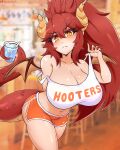  animal_humanoid bebatch big_breasts bodily_fluids bottomwear breasts cleavage clothed clothing dragon dragon_humanoid female hair hi_res hooters horn hotpants huge_breasts humanoid midriff off_shoulder red_body red_hair red_scales scales shirt shorts solo sweat tank_top topwear vtuber yellow_eyes zentreya 