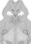  2021 anthro anthrofied big_breasts breasts digital_media_(artwork) dragon female front_view fur furred_dragon hi_res huge_breasts legendary_pok&eacute;mon monochrome nintendo pok&eacute;mon pok&eacute;mon_(species) rabbitbrush reshiram shaded solo tongue tongue_out video_games 