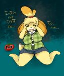  animal_crossing anthro bell belly big_breasts bodily_fluids bottomwear breasts canid canine canis clothing collar crying domestic_dog dress_shirt female food fruit hi_res isabelle_(animal_crossing) kneeling looking_down mammal nintendo pencil_skirt plant plantedpot shih_tzu shirt short_stack skirt slightly_chubby solo tears text tight_clothing tomato topwear toy_dog video_games 