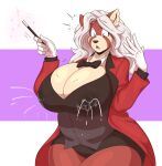  anthro big_breasts black_nose bodily_fluids breasts cleavage clothed clothing female gloves hair handwear hi_res huge_breasts lactating lactating_through_clothing looking_down magic_wand mammal neck_bow open_mouth slightly_chubby slightlysimian solo surprised_expression thick_thighs ursid wet wet_clothing white_hair 