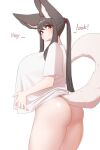  2:3 ahri_(lol) animal_humanoid baggy_clothing big_breasts black_hair bottomless breasts butt canid canid_humanoid canine canine_humanoid clothed clothing dialogue facial_markings female fox_humanoid hair head_markings hi_res humanoid inner_ear_fluff league_of_legends looking_at_viewer mammal mammal_humanoid markings riot_games shirt shirt_only simple_background solo standing talking_to_viewer thick_thighs topwear topwear_only tuft video_games yabby 