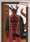  2021 absurd_res anthro bad_dragon balls bedroom boxers_(clothing) clothed clothing dialogue digital_media_(artwork) dildo dragon english_text gariyuu genitals hair hi_res horn inside jacket jacket_only lgbt_pride looking_at_viewer male muscular open_clothing open_mouth open_shirt open_topwear partially_clothed pecs penis pride_colors rainbow_flag rainbow_pride_flag rainbow_symbol raised_tail red_body scalie sex_toy shaded shirt six-stripe_rainbow_pride_colors solo speech_bubble standing stickers tail_motion tailwag text topwear underwear venclec white_hair 
