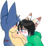 anthro blue_body blue_eyes blue_fur blush body_blush borky-draws breast_blush breasts brown_hair clothing duo ember_the_typhlosion face_in_breasts female fur hair hi_res hoodie male male/female nintendo pok&eacute;mon pok&eacute;mon_(species) red_eyes topwear typhlosion video_games white_body white_fur yellow_body yellow_fur 