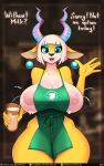  2021 5_fingers antelope anthro apron apron_only areola beverage big_breasts blonde_hair blue_eyes blue_eyeshadow bodily_fluids bovid breasts clothing container cup dialogue digital_media_(artwork) don_ko ear_piercing english_text eyelashes eyeshadow female fingers gazelle green_apron hair hi_res holding_cup holding_object horn huge_breasts i_mean_breast_milk lactating looking_at_viewer makeup mammal meme mostly_nude nipples open_mouth open_smile pear_(don_ko) piercing short_hair smile solo talking_to_viewer text thick_thighs url wide_hips 
