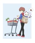  ambiguous_gender anthro backpack bandai_namco ceratopsian claws clothing digimon digimon_(species) digimon_ghost_game dinosaur duo food gammamon hi_res hiro_amanokawa hoodie human hungry maki_shuichi male mammal ornithischian reptile scalie shopping shopping_cart simple_background topwear triceratops white_body yellow_eyes 