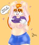  &lt;3 2019 absurd_res anthro bedroom_eyes big_breasts bodily_fluids breasts clothed clothing clothing_lift drshyguydraws english_text female hi_res huge_breasts lactating lagomorph leporid looking_at_viewer mammal meme narrowed_eyes open_mouth open_smile rabbit rental_mommy seductive sega shirt shirt_lift simple_background smile solo sonic_the_hedgehog_(series) text topwear vanilla_the_rabbit 