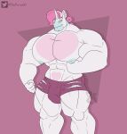  2d_animation abs animated anthro big_muscles bottomwear bouncing_pecs bulge clothing equid equine hair hi_res horn male mammal muscular muscular_male nipples pec_flexing pecs pink_hair short_playtime shorts simple_background solo unibro_pi unibro_pi_(character) unicorn unicorn_horn 