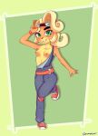  absurd_res activision anthro bandicoot blonde_hair breasts clothed clothing coco_bandicoot crash_bandicoot_(series) edit eyebrows female fourway_(artist) fur gesture green_eyes hair hi_res looking_at_viewer mammal marsupial nipples orange_body orange_fur overalls smile solo thick_eyebrows topless v_sign video_games 