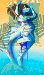  anthro beach blue_body borky-draws brown_hair clothing dorsal_fin female fin hair hi_res lying marine markings nipples on_side seaside solo striptease towel undressing water yellow_eyes 