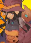  2020 anthro big_breasts black_hair blush breasts brown_body canid clothing dress female hair halloween hat headgear headwear hi_res holidays komena_akamori mammal mofumofumachine pink_clothing pink_dress plant simple_background smile solo tongue tongue_out tree witch_hat yellow_background 