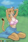  accessory anthro beastars bottomwear bra brown_eyes cheetah clothed clothing felid feline female flower flower_in_hair fur hair hair_accessory hi_res looking_at_viewer mammal natricle outside plant sheila_(beastars) skirt solo spots spotted_body underwear whiskers 