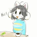  1:1 anthro breasts canid canine clothed clothing felid feline hair mammal open_mouth simple_background tampo_desu tem temmie_(undertale) text topwear undertale undertale_(series) video_games white_body 