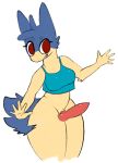  absurd_res anthro blue_body blue_fur borky-draws breasts clothing crop_top ember_the_typhlosion erection eyebrows fur genitals gynomorph hi_res intersex knot nintendo penis pok&eacute;mon pok&eacute;mon_(species) red_eyes shirt solo topwear typhlosion video_games yellow_body yellow_fur 