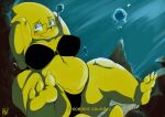  2021 3_toes absurd_res alphys anthro big_breasts bikini blush breasts buckteeth claws cleavage clothed clothing colored deep_navel deltarune digital_drawing_(artwork) digital_media_(artwork) dimples english_text eyelashes eyewear feet female glasses hands_behind_head hi_res huge_breasts lizard looking_aside navel non-mammal_breasts overweight overweight_anthro overweight_female pinup plantigrade pose reptile scales scalie short_stack smile soles solo subtitled swimwear sylverow0 teeth text thick_tail thick_thighs toe_claws toes undertale undertale_(series) underwater video_games water wide_hips yellow_body yellow_scales 